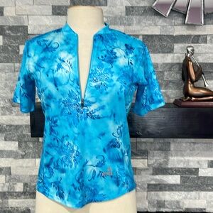 Mt Borah Women's S Blue Floral Cycling Jersey Shirt Top 1/2 Zip Pockets USA